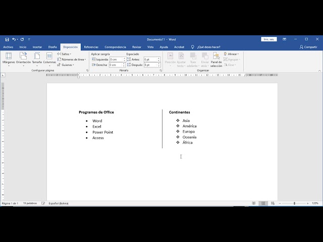 como hacer dos columnas en word con viñetas